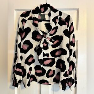Tucker 100% Silk Front Tie Blouse, Black & Pink Abstract Animal Print, EUC!
